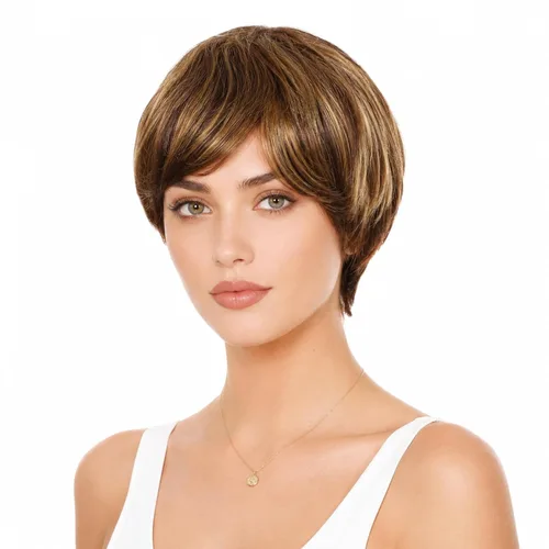 Miniatura 16 de Creamily Peluca corta rubia de corte Pixie con flequillo para mujer, pelucas sintéticas en capas onduladas con raíces oscuras para mujer, peluca