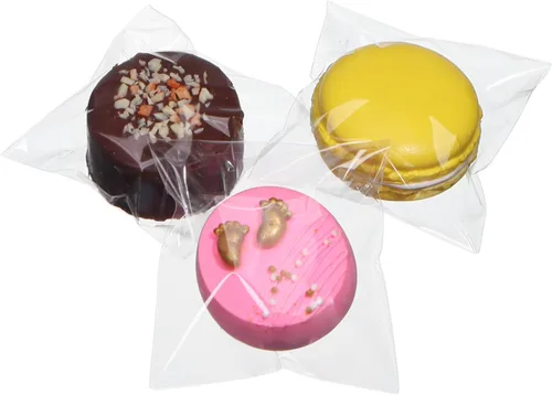 ROSPAKTEK 100 bolsas transparentes para macarrones de 3.5 x 3.5 pulgadas, bolsas Oro cubiertas de chocolate, bolsa para galletas, bolsa de celofán