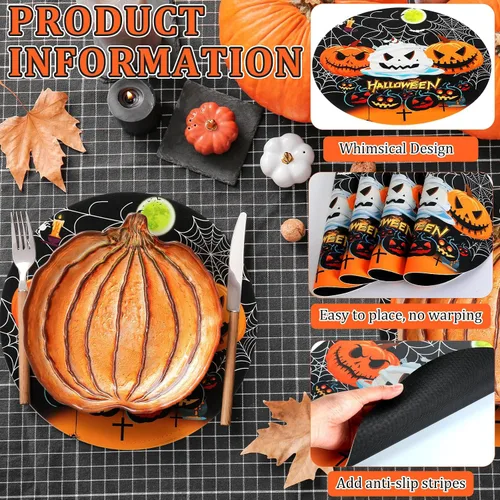Miniatura 3 de Juego de 6 manteles individuales redondos de calabaza de Halloween, lavables, de piel de calabaza, juego de 6 manteles individuales para fiesta