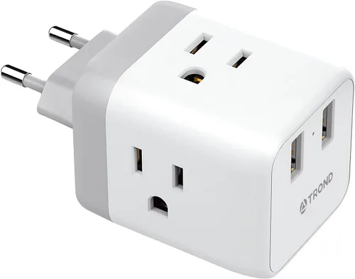 TROND Adaptador de enchufe de viaje europeo - Convertidor de adaptador de corriente internacional para Europa con 3 tomacorrientes 2 USB, adaptador