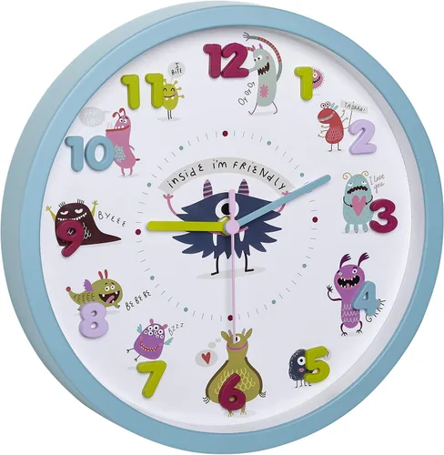 Miniatura 8 de TFA Dostmann Kids - Reloj de pared para niños, 60.3051.14, con motivos de animales, profesor de tiempo, sin tictac de cuarzo Azul claro