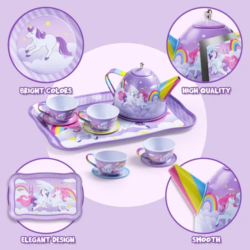 Miniatura 3 de JOYIN Juego de fiesta de té de unicornio para niñas pequeñas, juego de tetera de lata morada, juguete de cocina con tetera, taza, plato, funda
