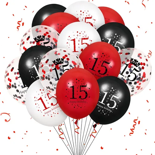 Globos de 15 cumpleaños, 16 globos de látex rojos y negros para niñas y niños, decoraciones de fiesta de feliz cumpleaños de 15 años