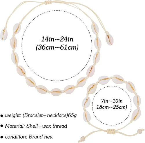 Miniatura 5 de Juego de collar y pulsera de concha natural para mujer, hecho a mano, gargantilla ajustable con concha natural