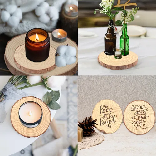 Miniatura 7 de 60 piezas de rebanadas de madera natural de 4.7 a 5.5 pulgadas, círculos de madera de pino sin terminar con cortezas para posavasos, manualidades