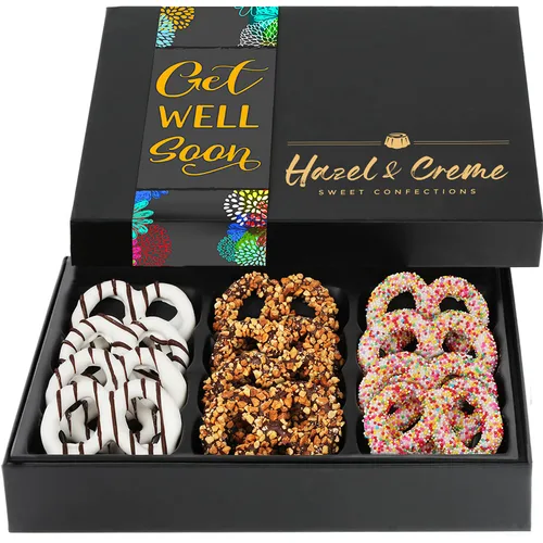Hazel & Creme Gourmet Get Well Pretzels – Cesta de regalo de chocolate Get Well – Paquete de cuidado caja de regalo – Regalo de comida gourmet –