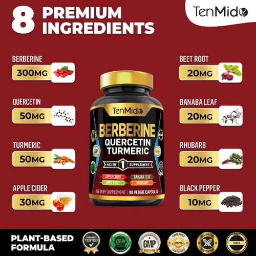 Miniatura 3 de Suplemento de berberina para hombres y mujeres, fórmula 8 en 1 con quercetina, cúrcuma, vinagre de sidra de manzana, raíz de remolacha y más