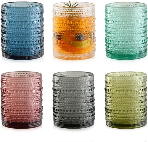 KMIGRUAN Juego de 6 vasos de beber de cristal hobnail de colores, 12 oz / 354.83 ml, cristalería vintage de cocina, vasos de vidrio con cuentas en