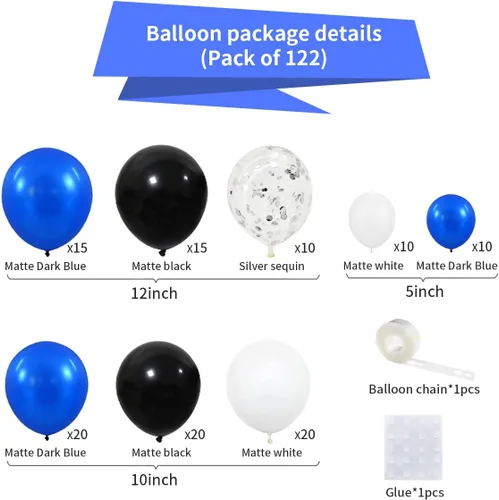 Miniatura 4 de Guirnalda de arco de globos azul real, negro, plateado y blanco, globos de confeti plateado metálico azul, negro, blanco, globo de videojuegos