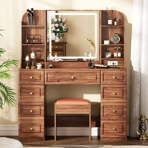 Miniatura 8 de Arulvmrn Escritorio de maquillaje de 43 pulgadas con espejo y luces, y toma de corriente, mesa de tocador grande con parte superior de vidrio con 9