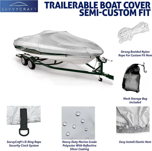 Miniatura 2 de Savvycraft Funda para lancha de 12 a 14 pies, poliéster resistente e impermeable de grado marino para lanchas V-Hull, lanchas de bajo