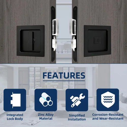 Miniatura 5 de Moderno juego de herrajes para puertas de bolsillo, cerradura de privacidad con tiradores de dedo y cierre suave, para puertas correderas