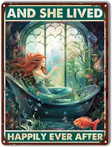 Miniatura 12 de LIUAXICIA Letrero de lata retro con diseño de sirena y ella vivió feliz para siempre, para decoración del hogar, 8 x 12 pulgadas, pintura de lata