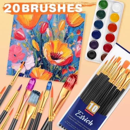 Miniatura 5 de ESRICH Juego de 2 pinceles de pintura, 2 paquetes de 20 piezas, juego de pinceles de pintura acrílica, pinceles de nailon acrílico para acuarela