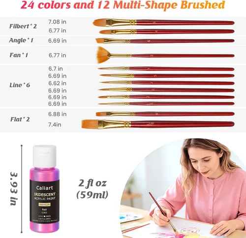 Miniatura 6 de Caliart Pintura acrílica iridiscente, 24 colores camaleones en botellas de 2.0 fl oz/2 onzas con 12 pinceles, pinturas de arte que cambian