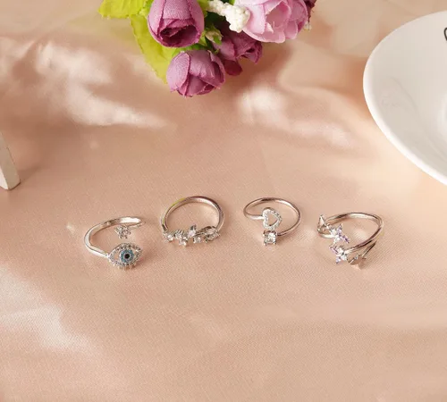 Miniatura 3 de DS Juego de 4 anillos abiertos ajustables para mujer, delicados y lindos anillos de nudillos de acero inoxidable con circonita cúbica chapada en oro