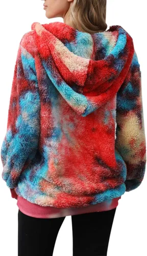 Miniatura 4 de Nirovien Sudadera Sherpa con capucha para mujer diseño de teñido anudado con doble forro polar mullida de gran tamaño a cuadros