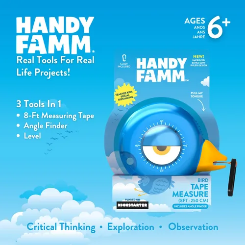 Miniatura 10 de Handy Famm Cinta métrica de pájaro azul de 8 pies para niños, herramienta educativa STEM con nivel, transportador, diseño retráctil, juguete
