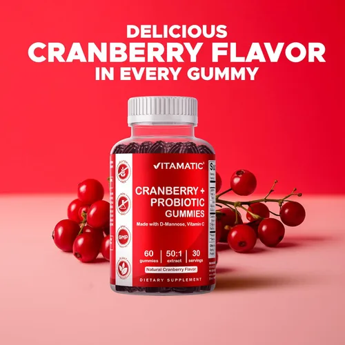 Miniatura 6 de Vitamatic Paquete de 2 Gomitas Veganas de Arándano Rojo con D-Manosa, Probiótico y Vitamina C para la Salud del Tracto Urinario Femenino