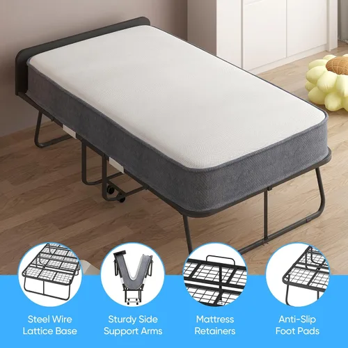 Miniatura 7 de Mjkone Cama plegable con colchón, cama rodante para adultos con cabecero y bolsa antipolvo, cama plegable portátil de 5 pulgadas para huéspedes