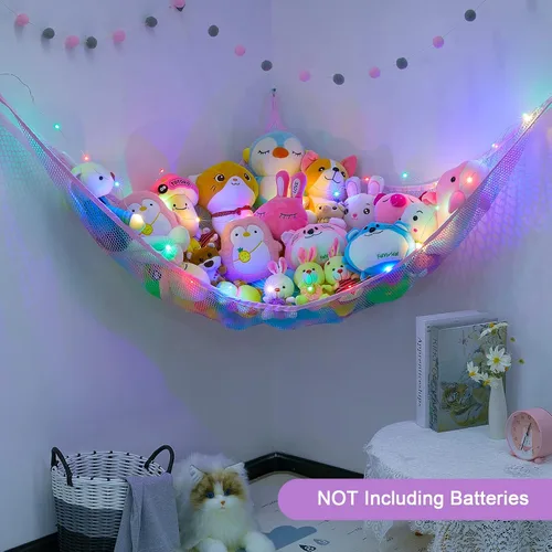 Miniatura 3 de Unicorn Castle Hamaca de red para animales de peluche, almacenamiento de juguetes con luz LED, organizador de juguetes de felpa para colgar