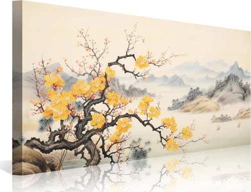 Miniatura 24 de Arte de Pared de Acuarela de Estilo Asiático Tradicional Chino Pájaro en Rama de Flor de Cerezo Roja Decoración Paisaje Floral Oriental Pintura