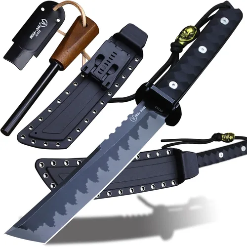 BA-KOR Cuchillo para exteriores de estilo japonés de espiga completa de 15.8 pulgadas – acero DC53 de 8mm, mango y funda de fibra de nailon,