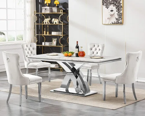 Miniatura 10 de Juego de mesa de comedor de mármol de lujo de 70 pulgadas para 4, juegos de mesa de cocina blanco y dorado para 4, mesa de comedor moderna de mármol