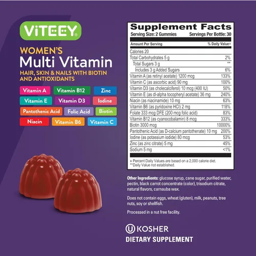 Miniatura 4 de Viteey Gomitas multivitamínicas para mujer, apoyo inmunológico, vitaminas y minerales esenciales 12 en 1, vitamina A, C, D3, E, B6, B12, ácido