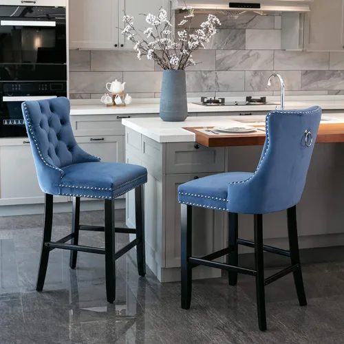 Miniatura 12 de Juego de 2 Sillas de Comedor, Modernos Taburetes de Bar Tapizados de Terciopelo con Decoración de Botones Capitoné y Patas de Madera, Ribete