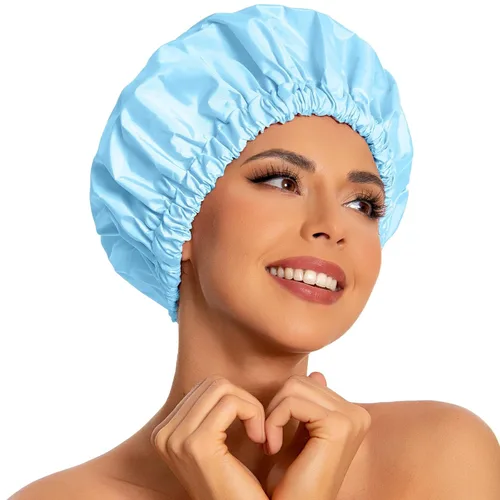 Miniatura 30 de Gorro de ducha reutilizable para mujer, grande, impermeable, lavable, banda elástica, accesorios de baño, sombrero para cabello largo, trenzas Beige