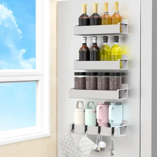 HuggieGems Paquete de 4 organizadores magnéticos para especias para refrigerador y horno, organizadores de nevera gris claro y almacenamiento para