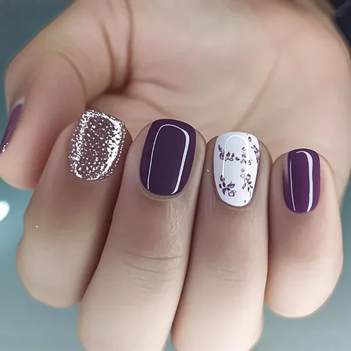 Miniatura 18 de Uñas postizas cuadradas cortas a presión, uñas postizas de color rosa, de cobertura completa, uñas postizas con purpurina plateada con diseños