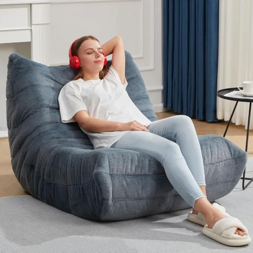 Miniatura 3 de Sillones tipo puf para adultos, puf gigante con espuma viscoelástica, sillón puf con relleno, piel sintética, para la sala, dormitorio u oficina azul