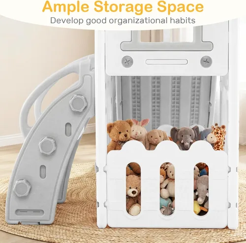 Miniatura 6 de OLAKIDS Tobogán para niños pequeños, 6 en 1 para interiores y exteriores, con aro de baloncesto, telescopio, almacenamiento de juguetes para niños