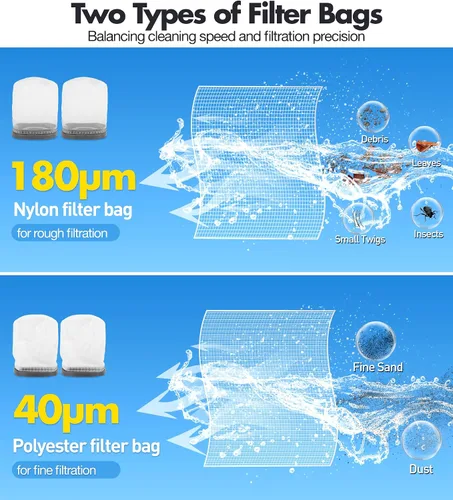 Miniatura 5 de KimPump Aspirador de piscina de mano inalámbrico con 4 bolsas de filtro, adecuado para filtración de impurezas ultrafina, cabezales de cepillo