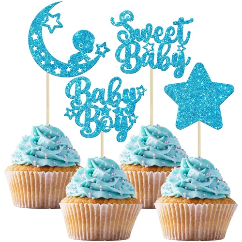 Gyufise 24 piezas de adornos azules para cupcakes para bebé, con purpurina azul, estrellas, luna, dulce baby shower, niño, cupcakes para baby