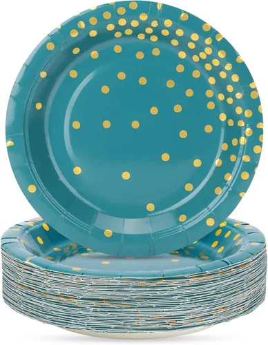 Miniatura 10 de Suministros de fiesta en blanco y oro rosa, platos de postre de papel con puntos dorados (50 unidades)