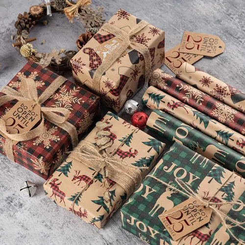 Miniatura 2 de RUSPEPA Papel de envolver de Navidad, papel kraft – Diseño a cuadros rojos y verdes – 4 rollos – 30 pulgadas x 10 pies por rollo Rojo Plaid