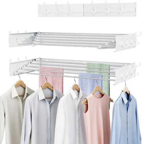 Estante de secado de ropa, plegable, para montar en la pared, plegable, ahorro de espacio, 13.2 pies lineales, 5 varillas de aluminio, capacidad de