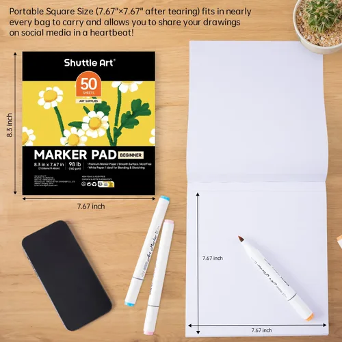 Miniatura 4 de Shuttle Art Almohadilla de Marcadores, Libro de Bocetos Cuadrado Portátil de 8.3”x7.67”, 50 Hojas de Papel para Dibujo con Marcadores, Papel de Arte