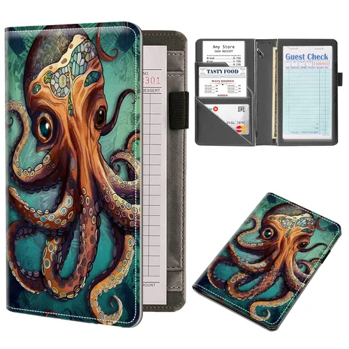 Organizador de libros de servidor, libros de pulpo de arte abstracto para camarera, organizador de libro de camarero de cuero sintético con bolsillo