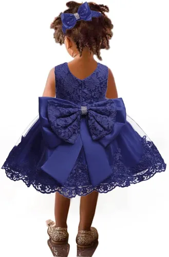 Miniatura 4 de Vestido tutú para niñas de 0 a 6 años, con lazo grande, para boda, Navidad, encaje, con diadema, Blanco