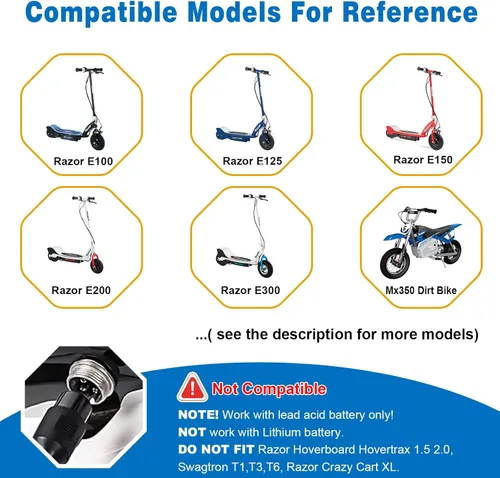 Miniatura 4 de Cargador de 24 V para scooter eléctrico Razor MX350 E100 E125 E150 E175 E200 E200S E300 E300S MX400 Dirt Rocket Dirt Bike Dirt Quad Moto Pocket Mod