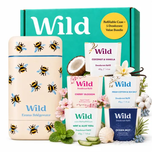 Wild - El Kit Inicial Completo - Estuche de abejas con recargas en una variedad de aromas frescos 5 x 1.4 oz - Desodorante recargable y sin aluminio
