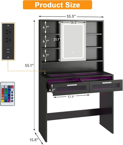 Miniatura 2 de Hadulcet Escritorio de tocador moderno negro con espejo LED de 3 modos, estación de carga y luces RGB, tocador pequeño con amplio almacenamiento