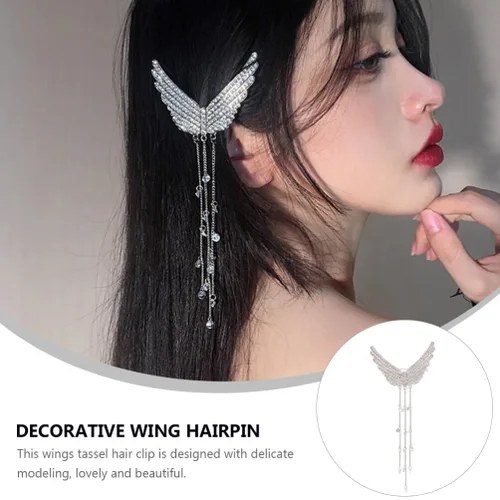 Miniatura 3 de Lurrose Pinza para el cabello con borlas con tachuelas de diamantes de imitación, alfiler de ala de ángel plateado, 5.70 pulgadas, accesorio