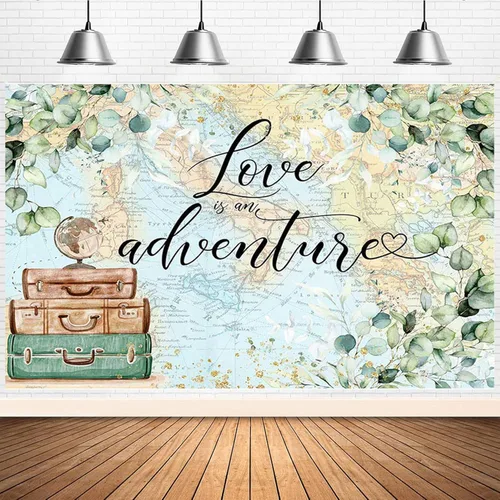 Miniatura 5 de Love is an Adventure telón de fondo para fotografía Let The Adventure Begin, fondo temático de viaje, baby shower, despedida de soltera, decoración