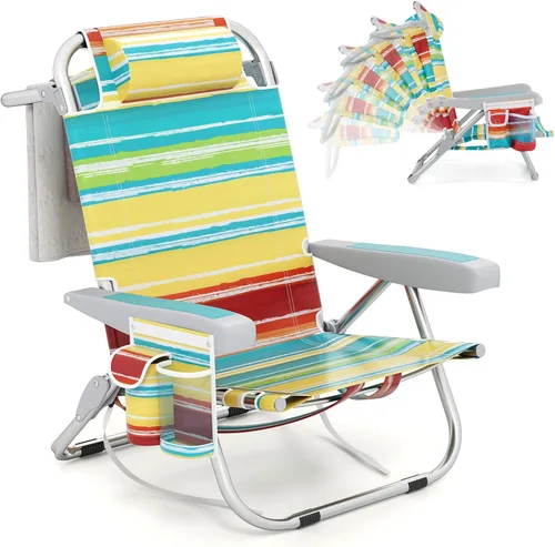 Miniatura 13 de Giantex Silla de playa tipo mochila, silla de camping plegable con 5 posiciones ajustables, soporte para tazas, bolsillos de almacenamiento
