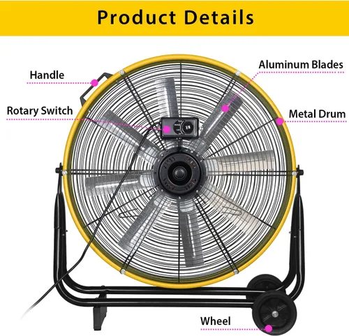 Miniatura 6 de VENTISOL Ventilador de tambor industrial de alta velocidad de 24 pulgadas, ventiladores de metal resistente, 8 cuchillas, 3 velocidades, 8600 CFM